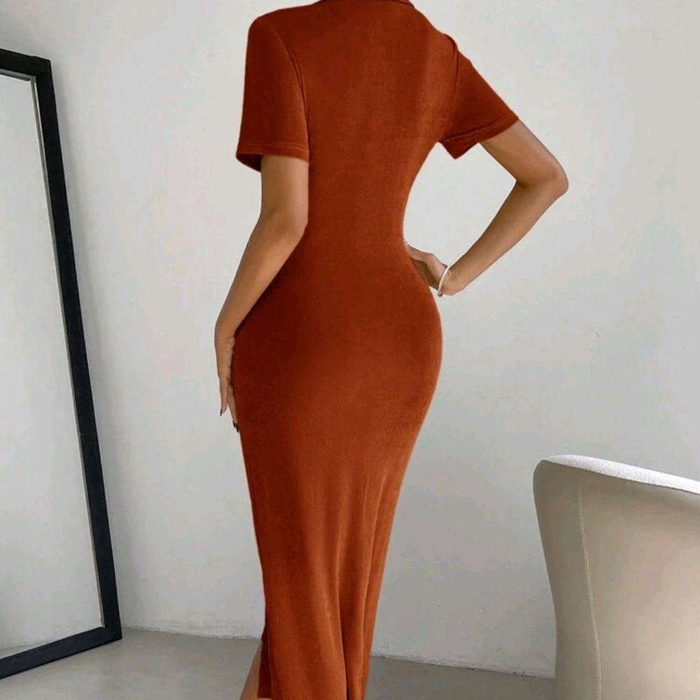 Women's Short Sleeve Turn-Down Collar A-Line Dress With Single Breasted Closure - Picture 2 of 6